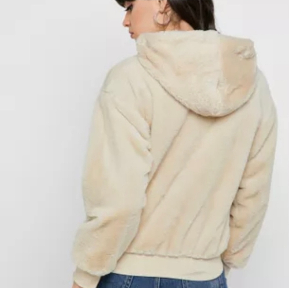 Top‎ Shop Jacket Cream Faux Fur Hooded Bomber - Picture 6 of 16
